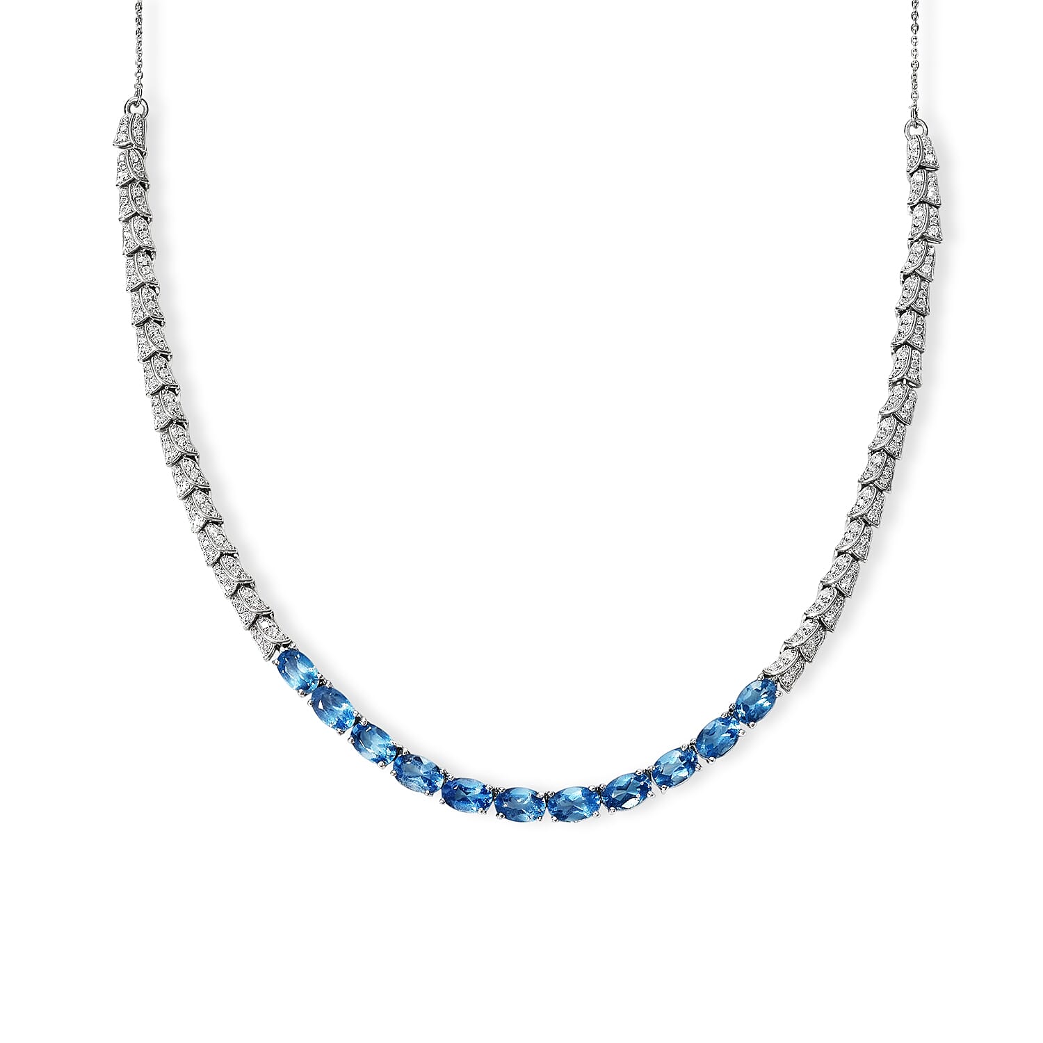 D'Joy Premium Betroka Blue Apatite and Moissanite 6.70 ctw Majestic Tide Necklace (18-20 Inches) in Rhodium Over Sterling Silver