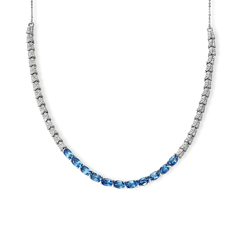 D'Joy Premium Betroka Blue Apatite and Moissanite 6.70 ctw Majestic Tide Necklace (18-20 Inches) in Rhodium Over Sterling Silver