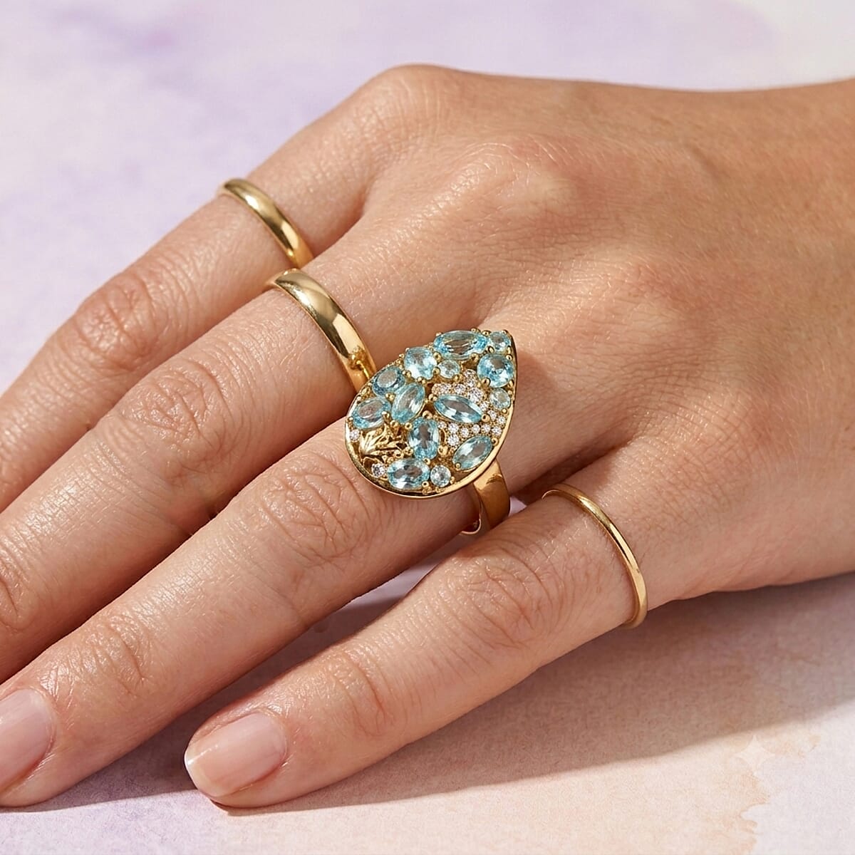 D'Joy Betroka Blue Apatite and Moissanite 2.20 ctw Ocean Oasis Ring in 18K Vermeil YG Over Sterling Silver (Size 10.0) image number 2