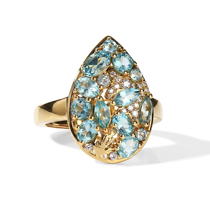 D'Joy Betroka Blue Apatite and Moissanite 2.20 ctw Ocean Oasis Ring in 18K Vermeil YG Over Sterling Silver (Size 6.0)