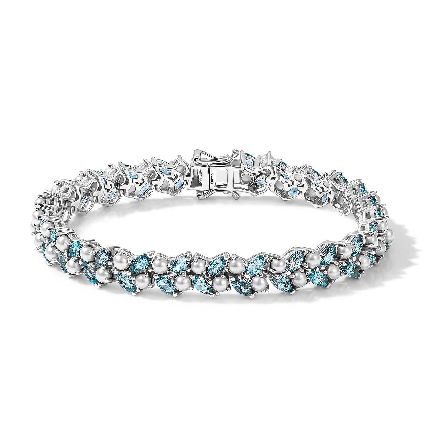 D'Joy Batroke Blue Apatite, Freshwater Pearl Bracelet in Rhodium Over Sterling Silver (7.25 In) 3.00 ctw