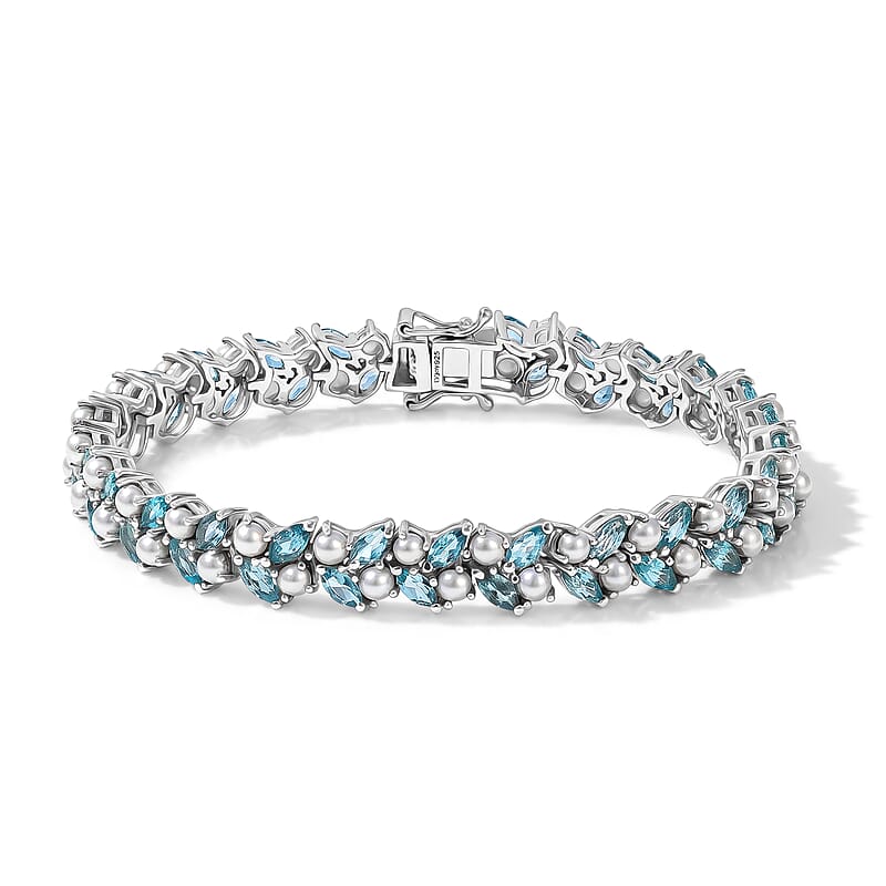D'Joy Betroka Blue Apatite and Freshwater Pearl 3.00 ctw Tidal Bloom Bracelet in Rhodium Over Sterling Silver (7.25 In)