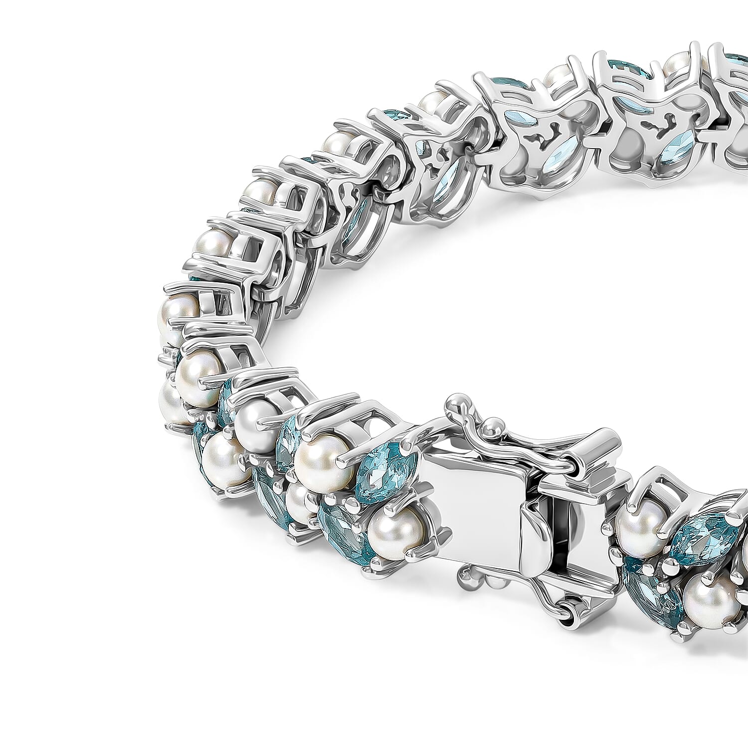 D'Joy Betroka Blue Apatite and Freshwater Pearl 3.00 ctw Tidal Bloom Bracelet in Rhodium Over Sterling Silver (7.25 In)