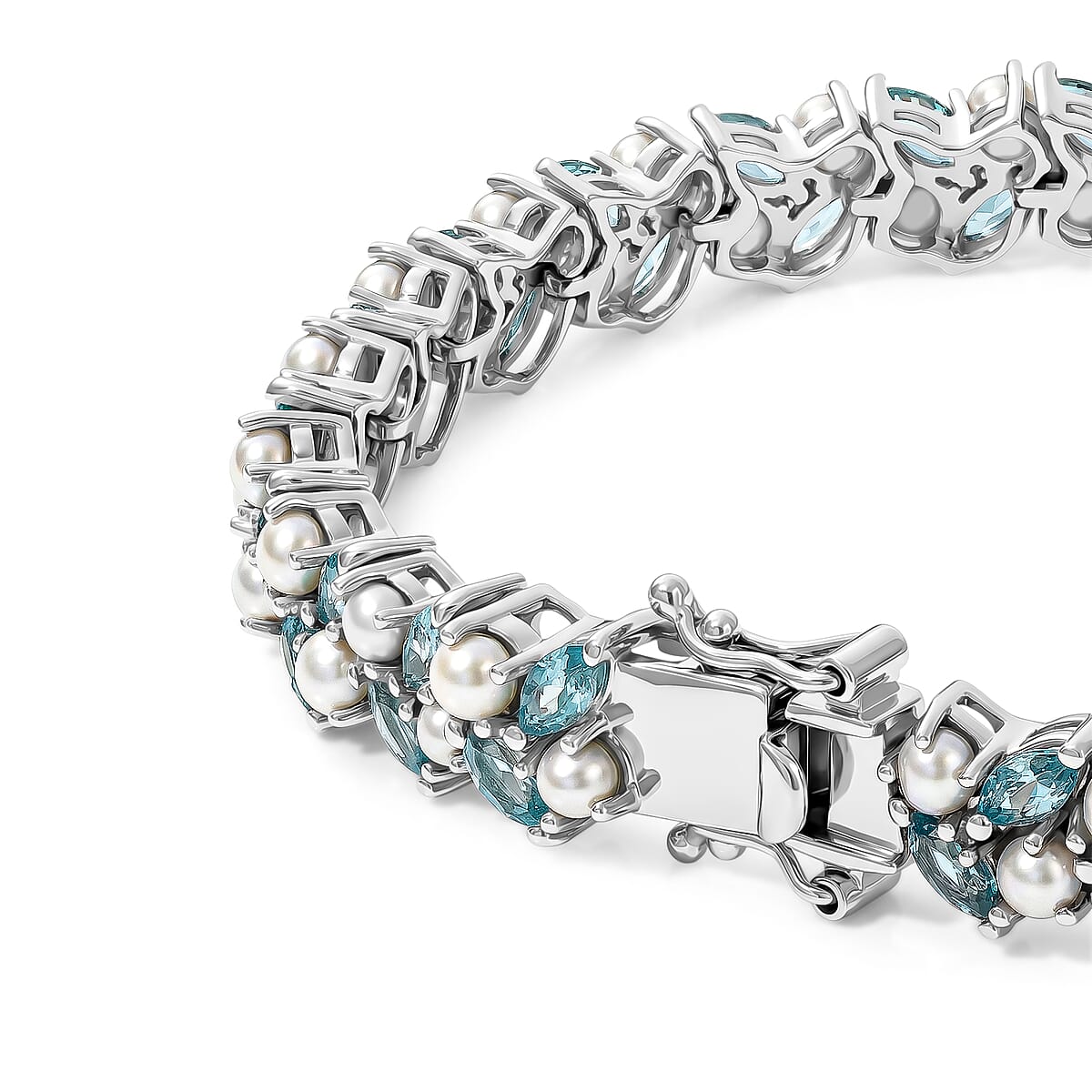 D'Joy Batroke Blue Apatite and Freshwater Pearl 3.00 ctw Tidal Bloom Bracelet in Rhodium Over Sterling Silver (7.25 In) image number 1
