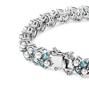 D'Joy Batroke Blue Apatite and Freshwater Pearl 3.00 ctw Tidal Bloom Bracelet in Rhodium Over Sterling Silver (7.25 In)