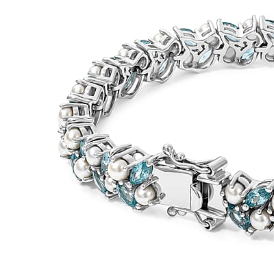 D'Joy Betroka Blue Apatite and Freshwater Pearl 3.00 ctw Tidal Bloom Bracelet in Rhodium Over Sterling Silver (7.25 In)