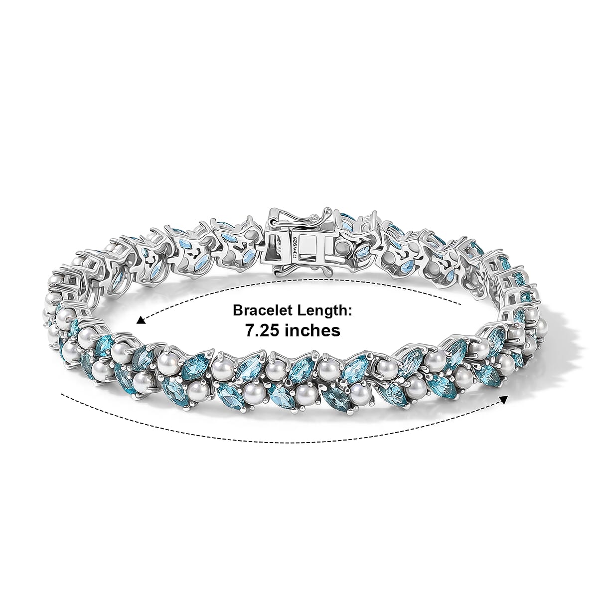 D'Joy Batroke Blue Apatite and Freshwater Pearl 3.00 ctw Tidal Bloom Bracelet in Rhodium Over Sterling Silver (7.25 In) image number 2