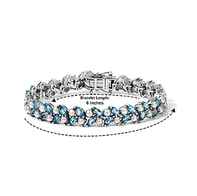 D'Joy Betroka Blue Apatite and Freshwater Pearl 2.65 ctw Tidal Bloom Bracelet in Rhodium Over Sterling Silver (6.50 In)