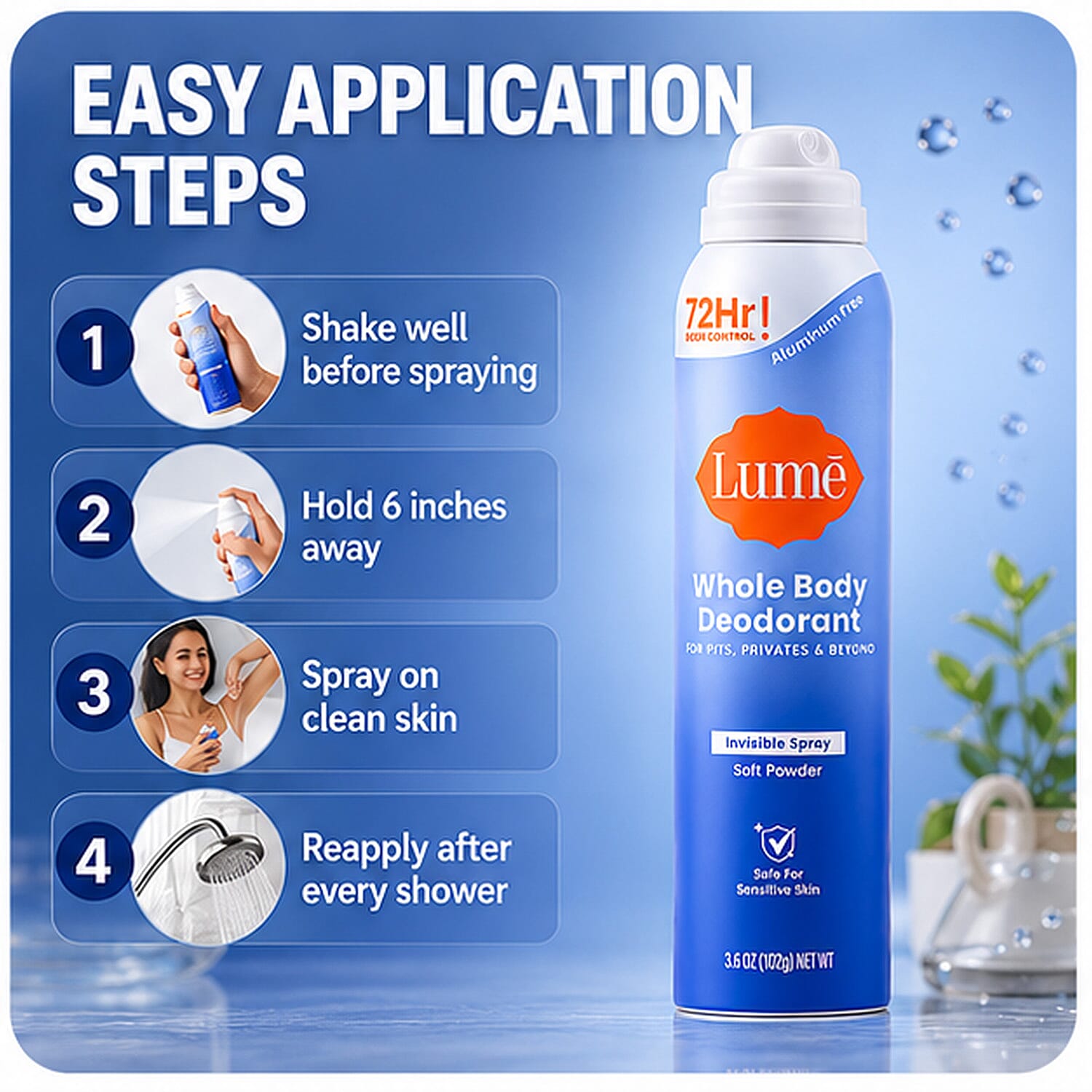 Lume Blue Women's Invisible Spray Deodorant -Soft Powder Scent