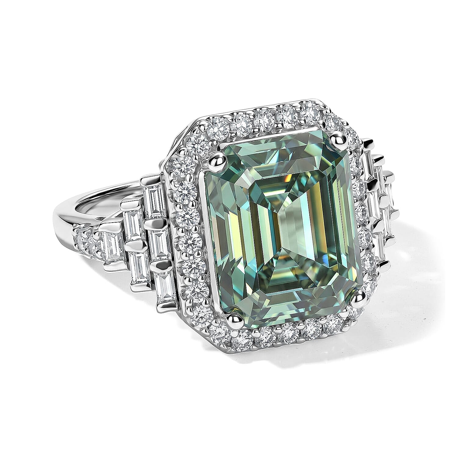 D'Joy Green and White Moissanite (Oct 12x10mm) Ring in Rhodium Over Sterling Silver (Size 5.0) 7.00 ctw