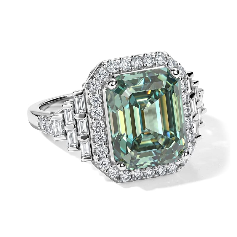 D'Joy Green and White Moissanite (Oct 12x10mm) Ring in Rhodium Over Sterling Silver (Size 5.0) 7.00 ctw