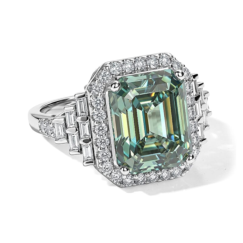 D'Joy Green and White Moissanite (Oct 12x10mm) Ring in Rhodium Over Sterling Silver (Size 5.0) 7.00 ctw