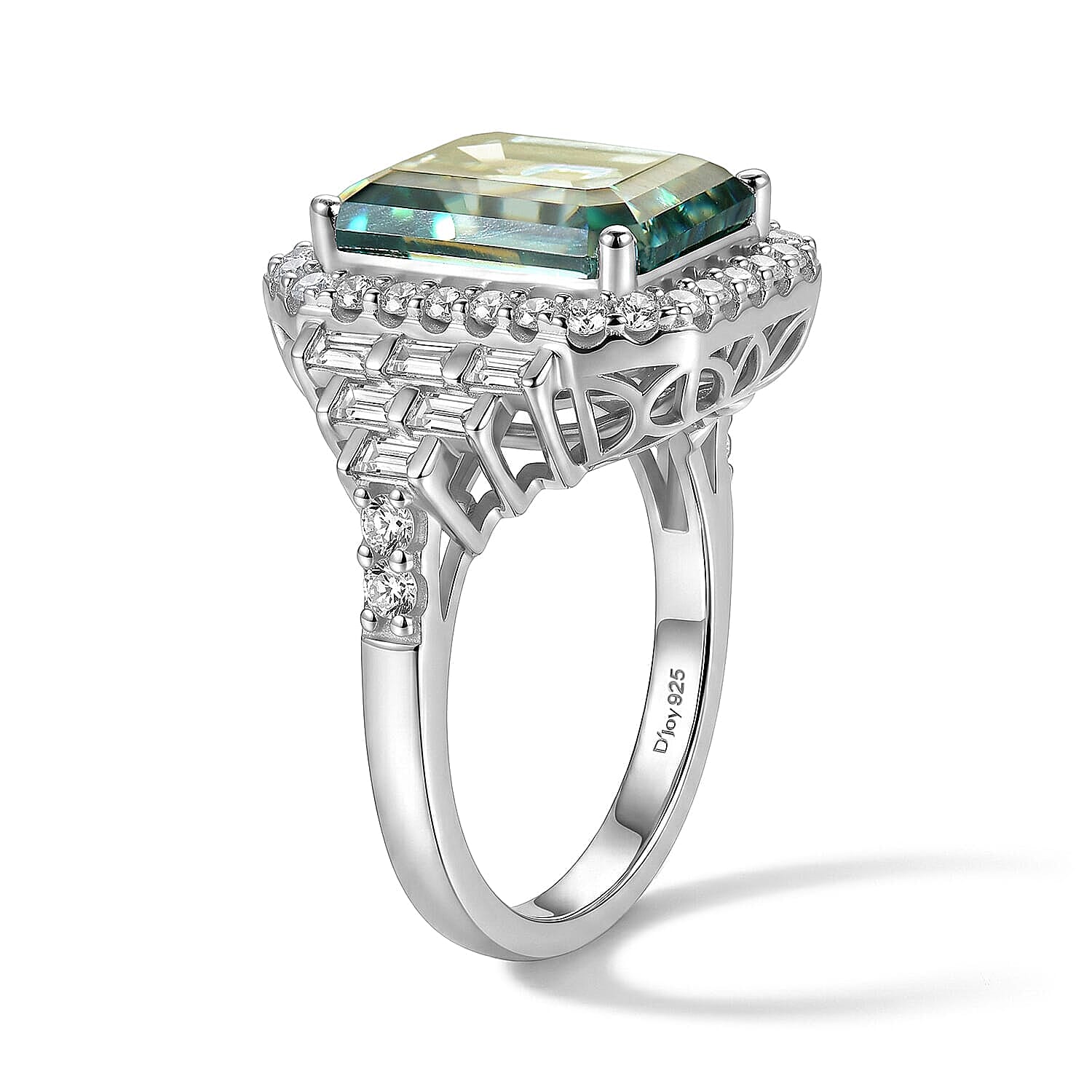 D'Joy Green and White Moissanite (Oct 12x10mm) Ring in Rhodium Over Sterling Silver (Size 5.0) 7.00 ctw