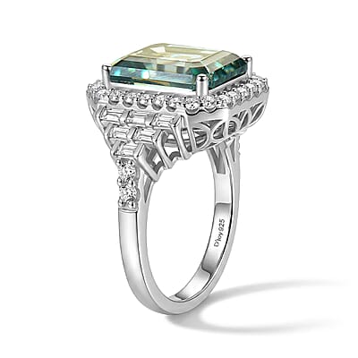 D'Joy Green and White Moissanite (Oct 12x10mm) Ring in Rhodium Over Sterling Silver (Size 5.0) 7.00 ctw