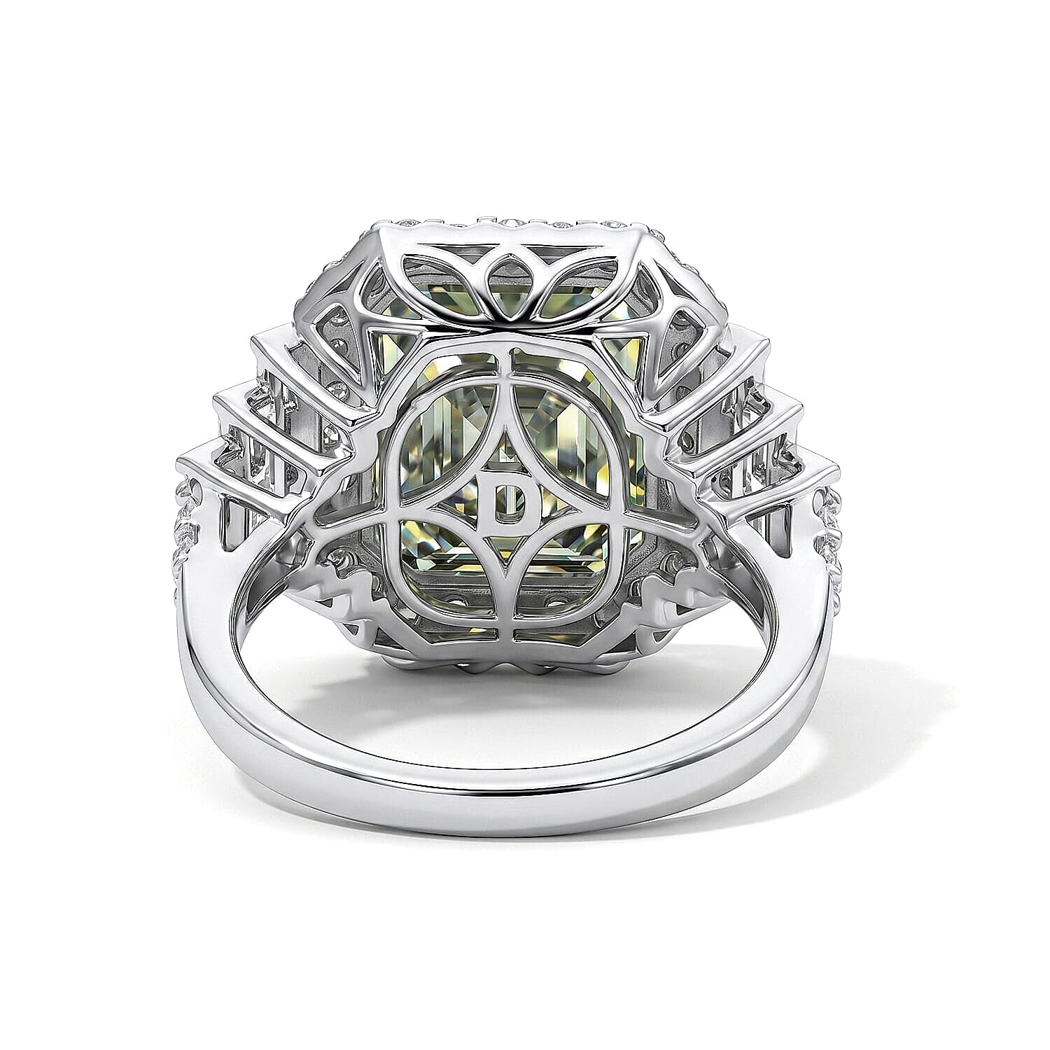 D'Joy Green and White Moissanite (Oct 12x10mm) Ring in Rhodium Over Sterling Silver (Size 5.0) 7.00 ctw