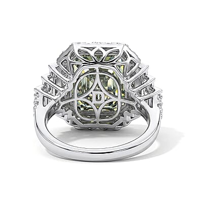 D'Joy Green and White Moissanite (Oct 12x10mm) Ring in Rhodium Over Sterling Silver (Size 5.0) 7.00 ctw