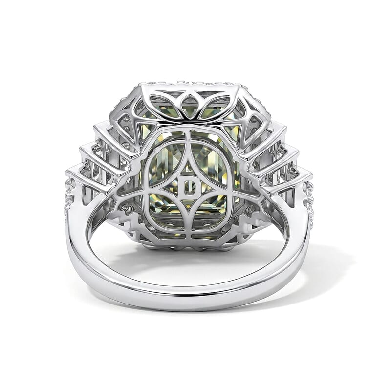 D'Joy Green and White Moissanite (Oct 12x10mm) Ring in Rhodium Over Sterling Silver (Size 5.0) 7.00 ctw