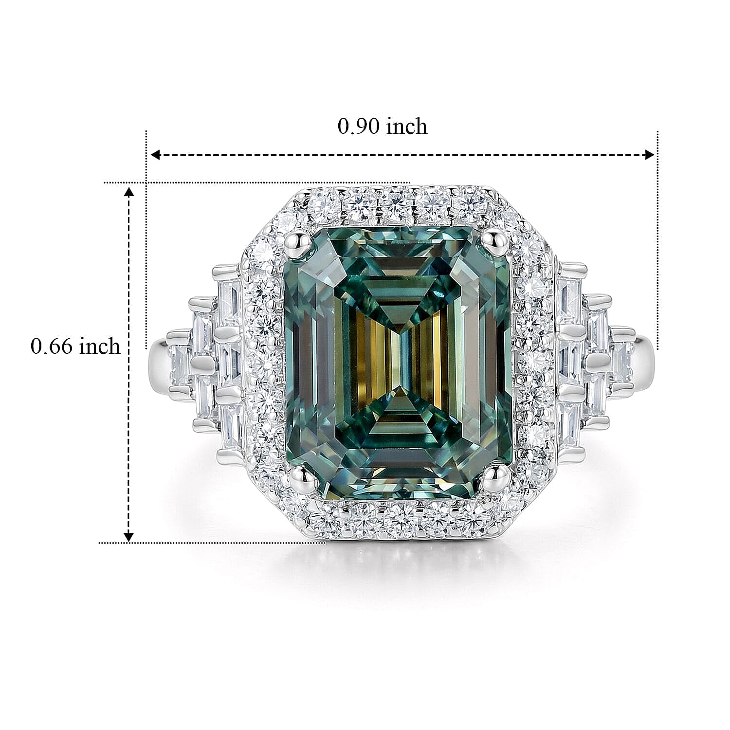 D'Joy Green and White Moissanite (Oct 12x10mm) Ring in Rhodium Over Sterling Silver (Size 5.0) 7.00 ctw