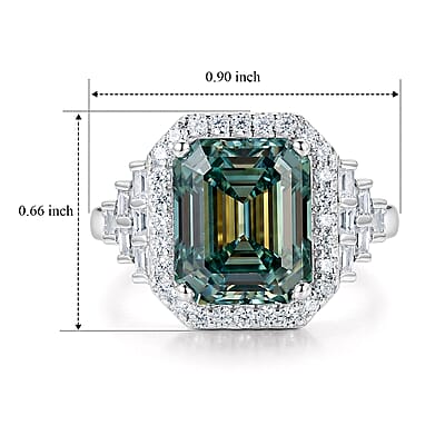 D'Joy Green and White Moissanite (Oct 12x10mm) Ring in Rhodium Over Sterling Silver (Size 5.0) 7.00 ctw
