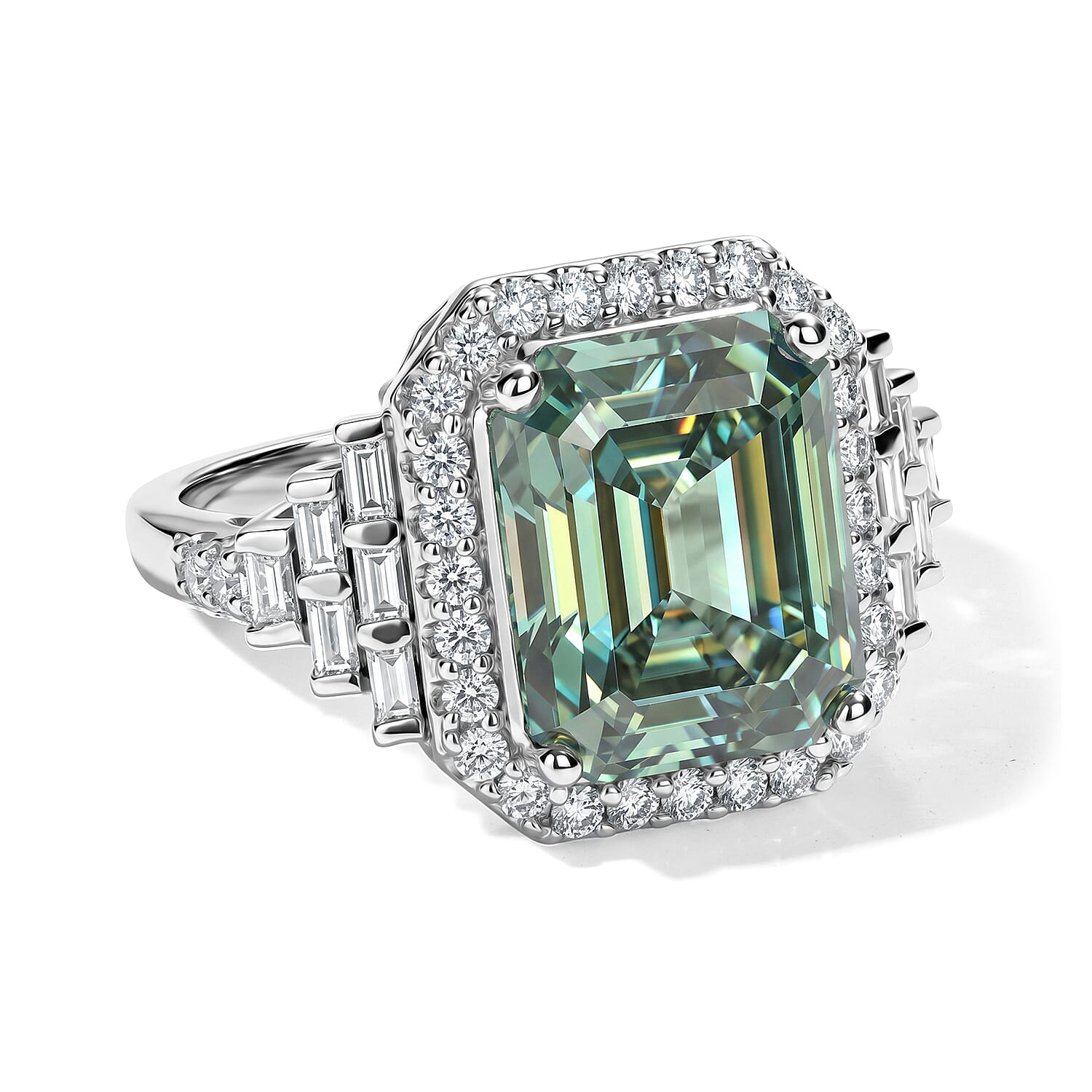 D'Joy Green Moissanite , Moissanite Main Stone With Side Stone Ring in Rhodium OverSterling Silver 5.32 ctw
