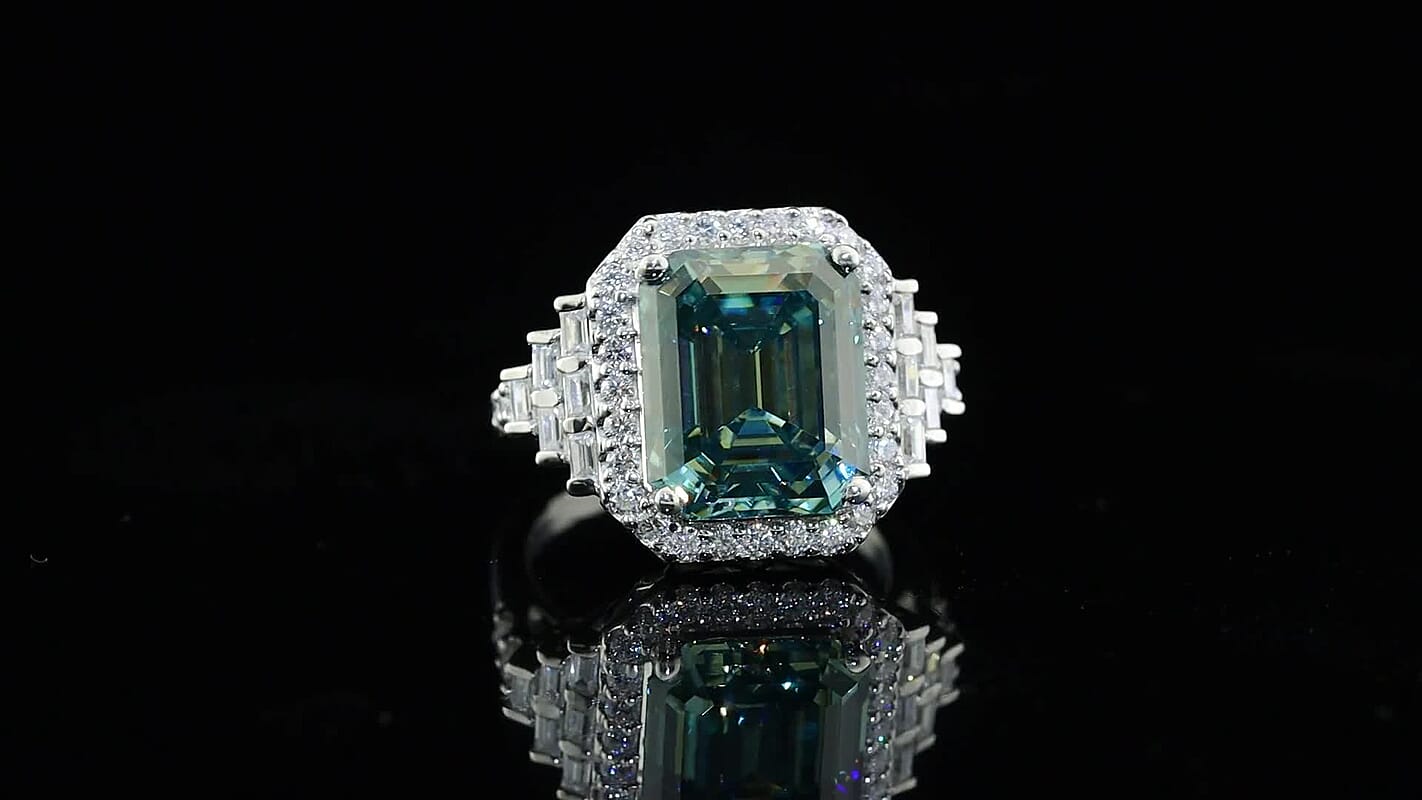 D'Joy Green Moissanite , Moissanite Main Stone With Side Stone Ring in Rhodium OverSterling Silver 5.32 ctw