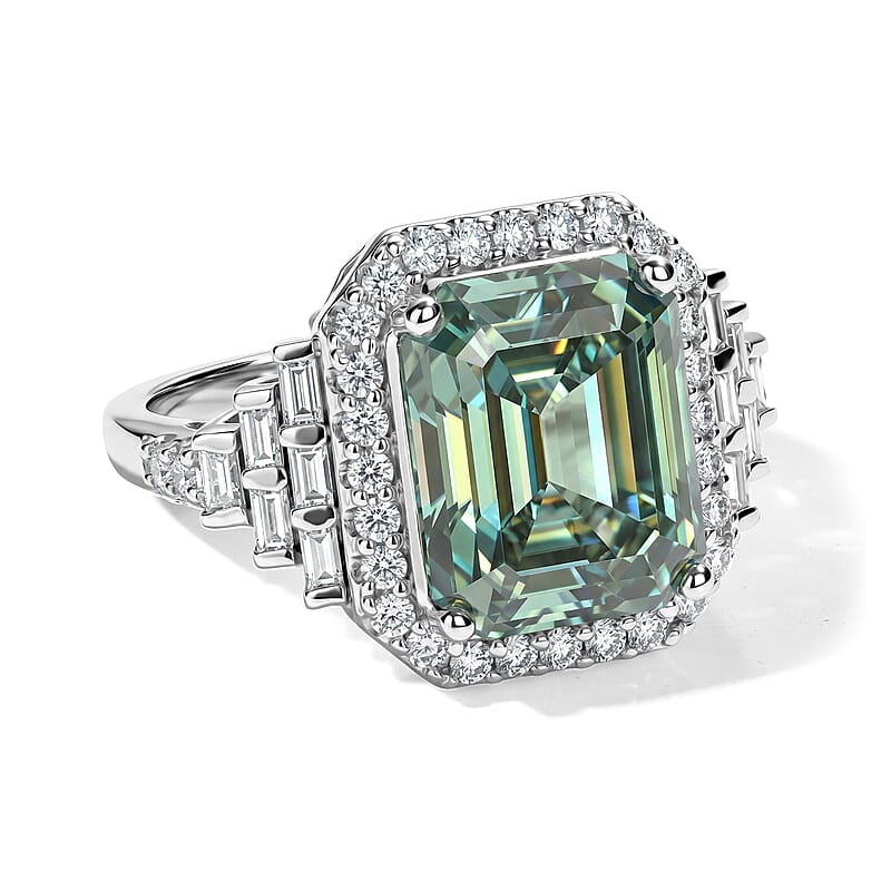D'Joy Green Moissanite ,  Moissanite  Main Stone With Side Stone Ring in Rhodium OverSterling Silver 5.32 ctw (Size 7) 6.96 ctw