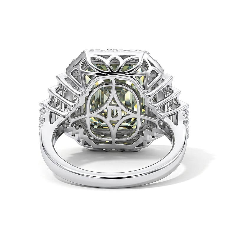 D'Joy Green Moissanite ,  Moissanite  Main Stone With Side Stone Ring in Rhodium OverSterling Silver 5.32 ctw (Size 7) 6.96 ctw