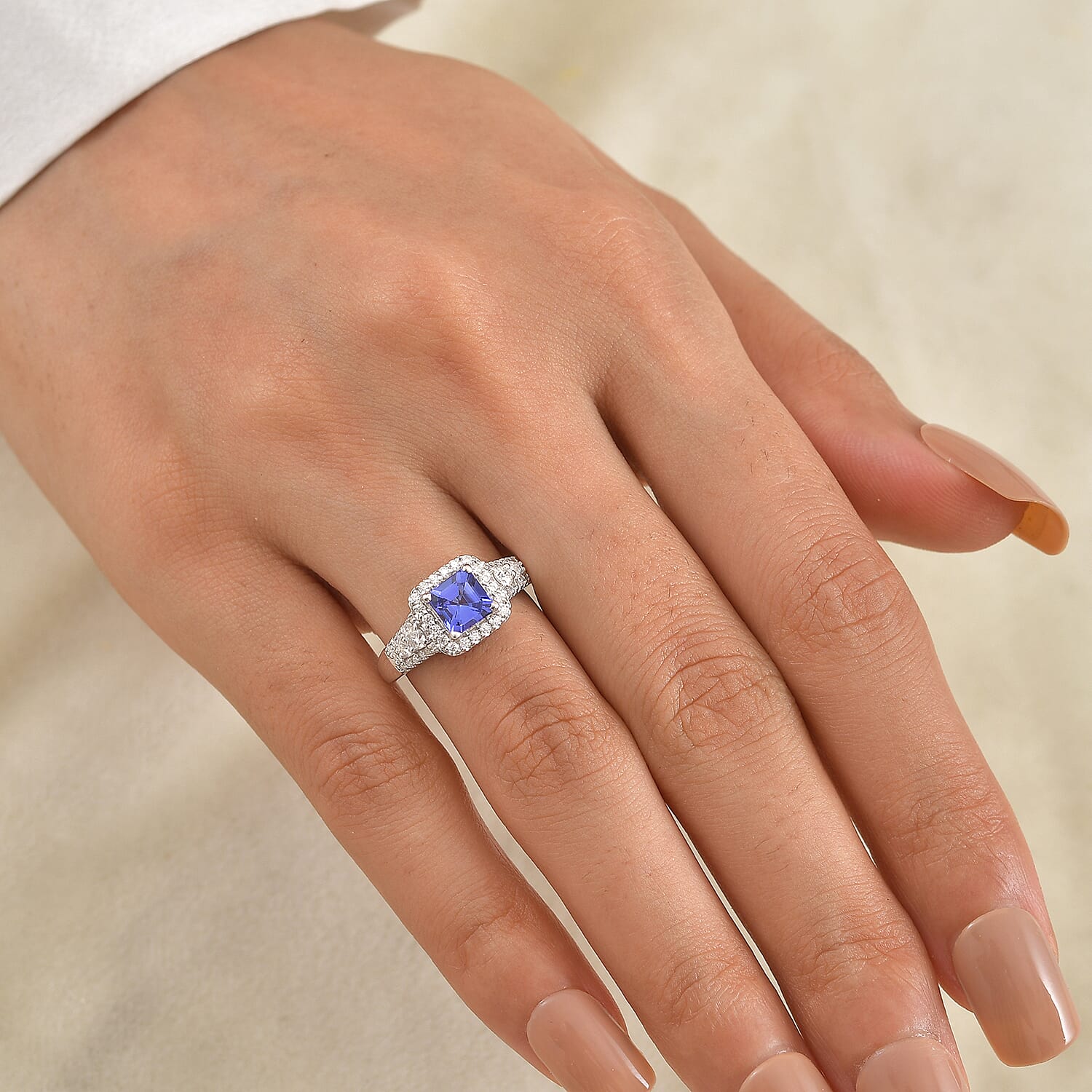 Certified & Appraised D'Joy Asscher Cut Premium Tanzanite and Moissanite 1.75 ctw Ring in Rhodium Over Sterling Silver (Size 6.0)