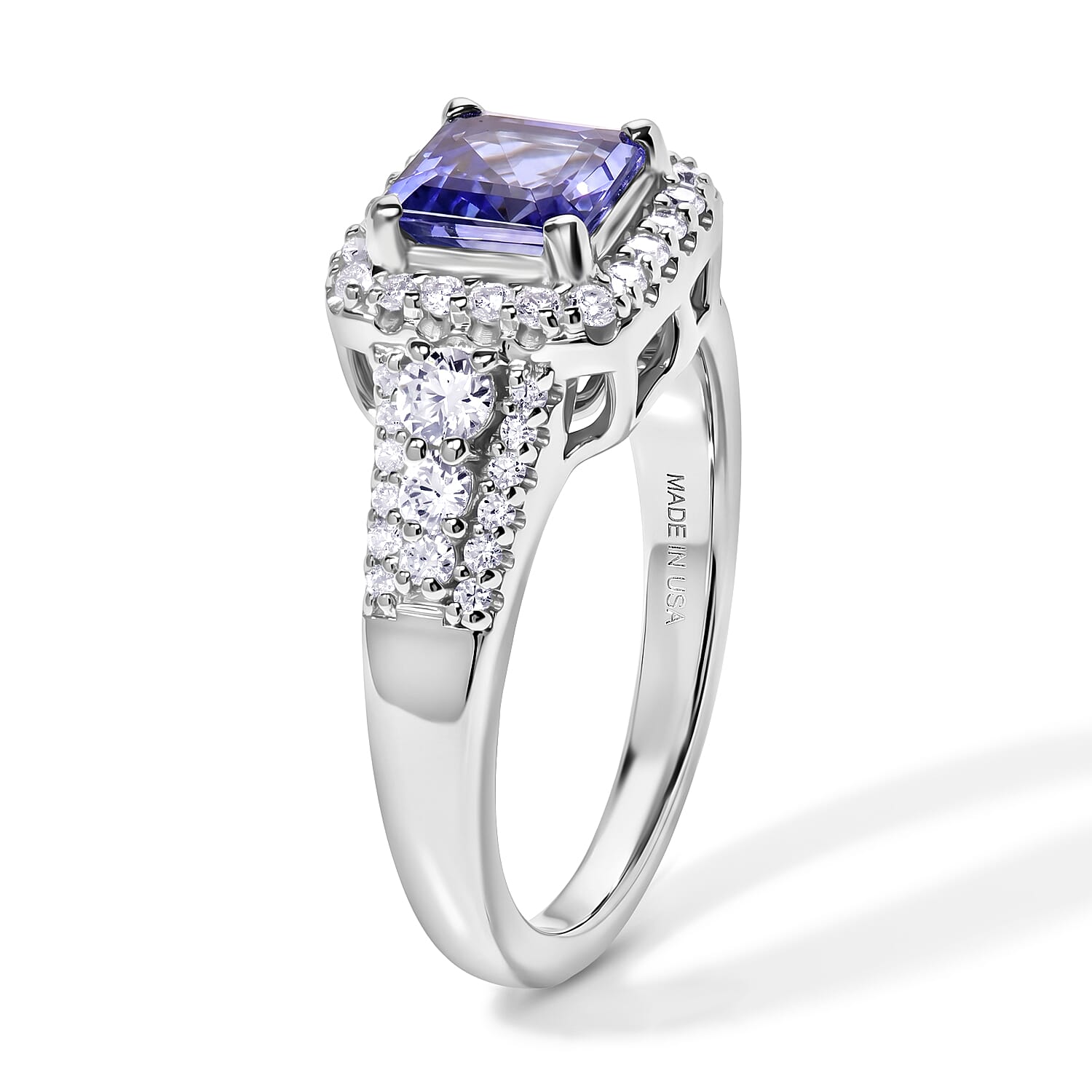 Certified & Appraised D'Joy Asscher Cut Premium Tanzanite and Moissanite 1.75 ctw Ring in Rhodium Over Sterling Silver (Size 6.0)