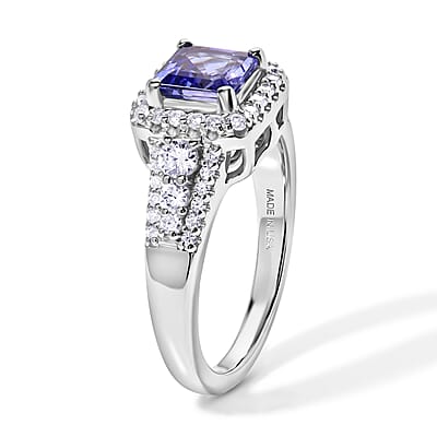 Certified & Appraised D'Joy Asscher Cut Premium Tanzanite and Moissanite 1.75 ctw Ring in Rhodium Over Sterling Silver (Size 6.0)