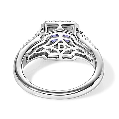Certified & Appraised D'Joy Asscher Cut Premium Tanzanite and Moissanite 1.75 ctw Ring in Rhodium Over Sterling Silver (Size 6.0)