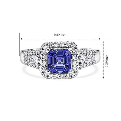 Certified & Appraised D'Joy Asscher Cut Premium Tanzanite and Moissanite 1.75 ctw Ring in Rhodium Over Sterling Silver (Size 6.0)
