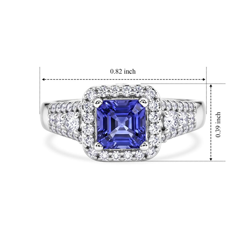 Certified & Appraised D'Joy Asscher Cut Premium Tanzanite and Moissanite 1.75 ctw Ring in Rhodium Over Sterling Silver (Size 6.0)
