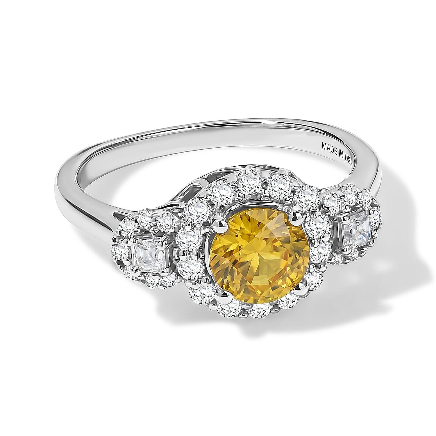D'Joy Premium Yellow Sapphire, Moissanite Ring in Rhodium Over Sterling Silver (Size 5.0) 1.40 ctw