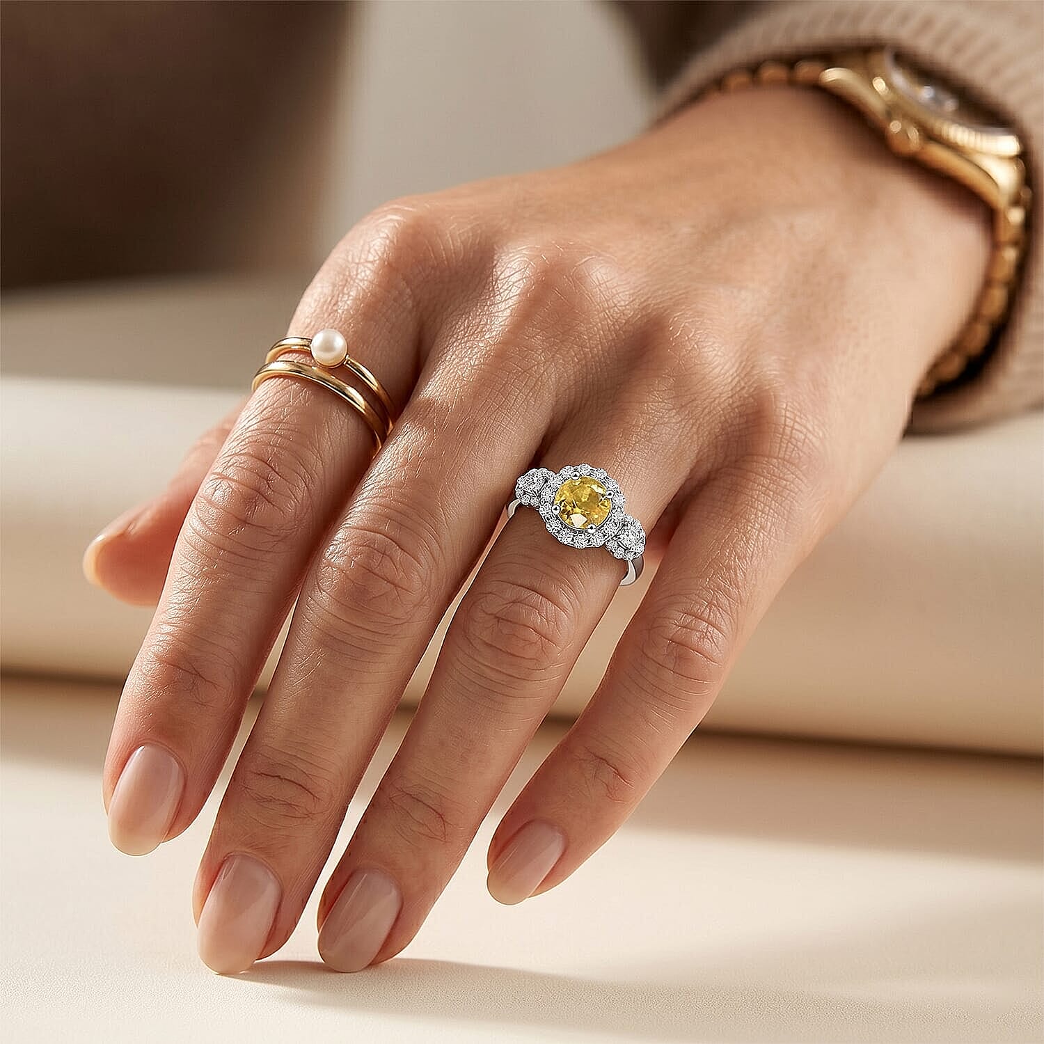 D'Joy Premium Yellow Sapphire, Moissanite Ring in Rhodium Over Sterling Silver (Size 5.0) 1.40 ctw