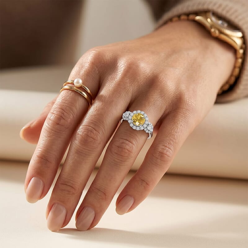 D'Joy Premium Yellow Sapphire, Moissanite Ring in Rhodium Over Sterling Silver (Size 5.0) 1.40 ctw