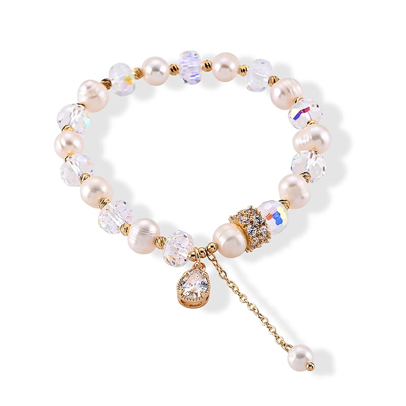 Austrian Multi Color Crystal and Freshwater Pearl Bracelet in Goldtone (6-6.5In)