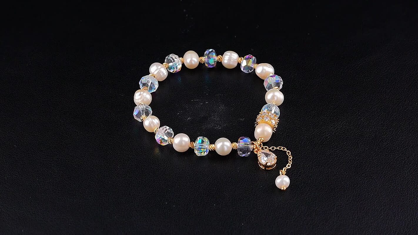 Austrian Multi Color Crystal, Freshwater Pearl Bracelet in Goldtone (6-6.5In)4495637