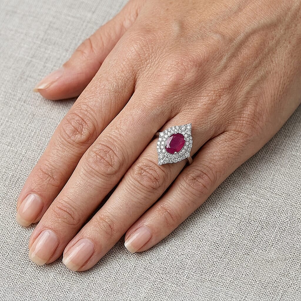 D'Joy Premium Ruby, Moissanite Ring in Rhodium Over Sterling Silver (Size 5.0) 2.35 ctw