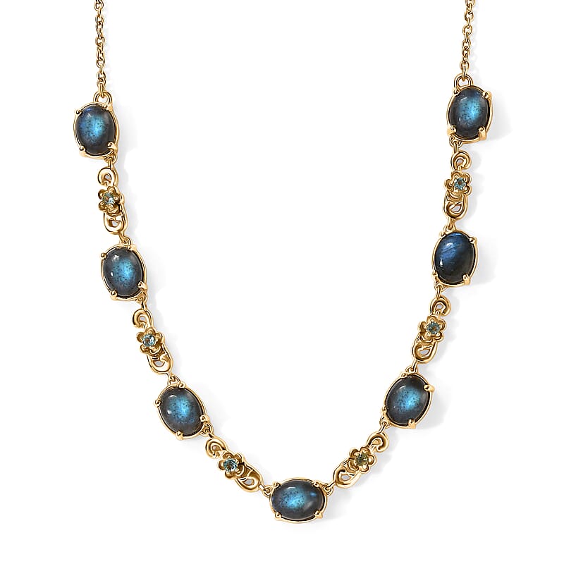 EverTrue Malagasy Labradorite and Apatite 6.00 ctw Station Necklace (18 Inches) in 18K YG Plated