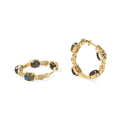EverTrue AAA Malagasy Labradorite and Apatite 10.90 ctw Aurora Bloom Hoop Earrings in 18K Yellow Gold Plated