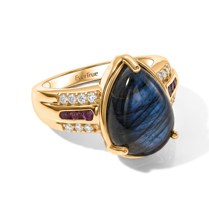 EverTrue AAA Malagasy Labradorite and Multi Gemstone 6.50 ctw Lunar Flame Ring in 18K Yellow Gold Plated (Size 6.0)