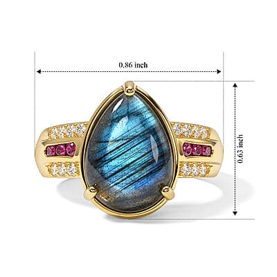 EverTrue AAA Malagasy Labradorite and Multi Gemstone 6.50 ctw Lunar Flame Ring in 18K Yellow Gold Plated (Size 6.0)