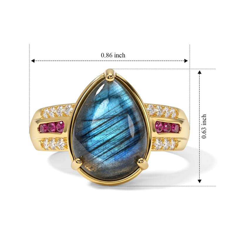 EverTrue AAA Malagasy Labradorite and Multi Gemstone 6.50 ctw Lunar Flame Ring in 18K Yellow Gold Plated (Size 6.0)