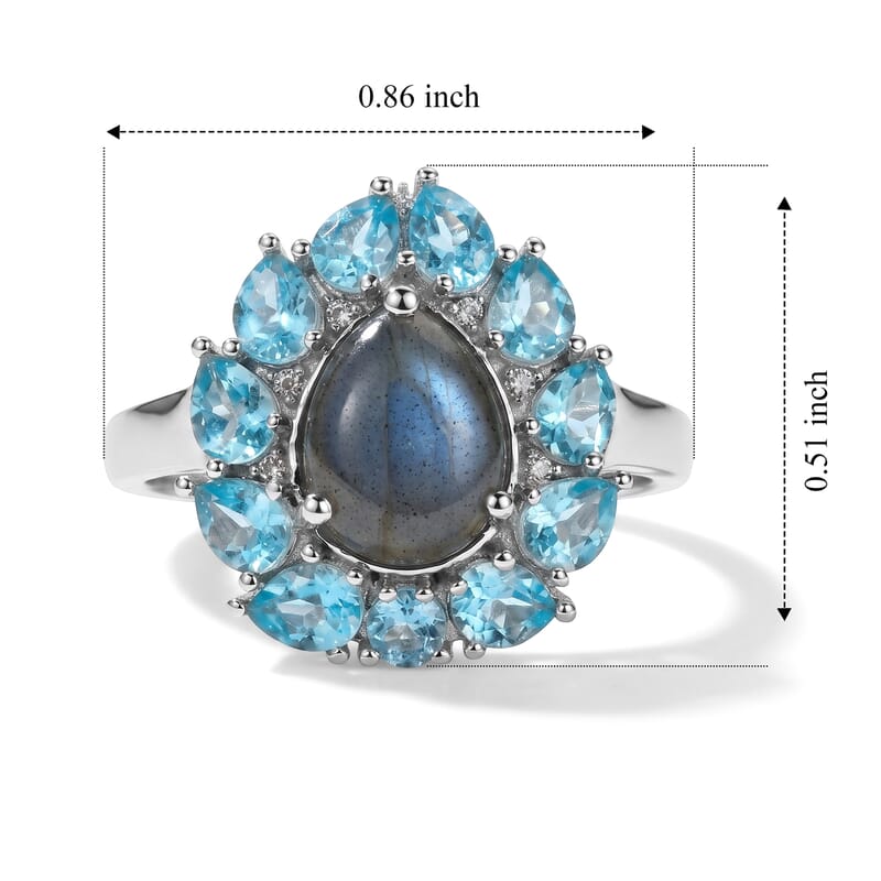 EverTrue AAA Malagasy Labradorite and Multi Gemstone 3.90 ctw Aurora Petals Ring in Platinum Bond (Size 7.0)