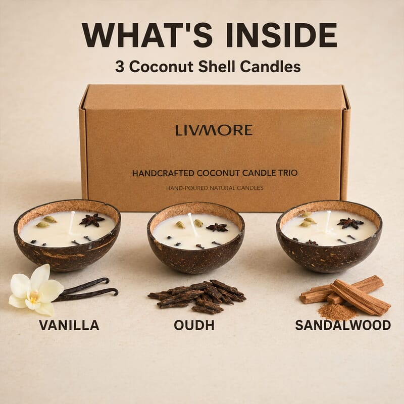 Livmore Multi Color Set of 3 Coconut Candle in Vanilla and Oudh