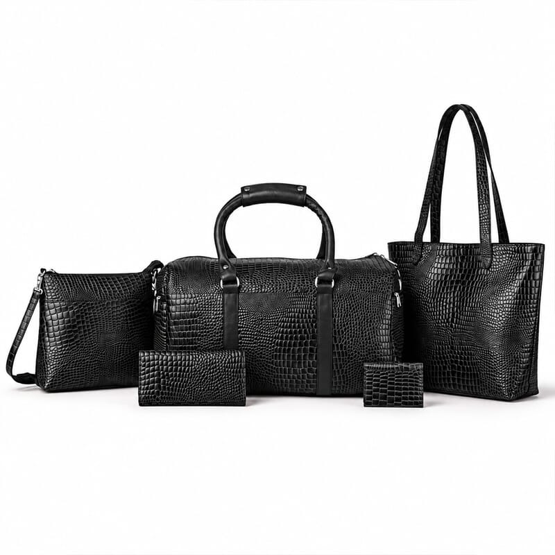 La Marey Black Croco Embossed Genuine Leather 5pcs Set Duffle Bag, Shopper Bag, Crossbody, Clutch and Card Holder