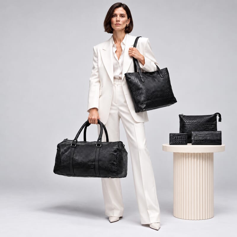 La Marey Black Croco Embossed Genuine Leather 5pcs Set Duffle Bag, Shopper Bag, Crossbody, Clutch and Card Holder