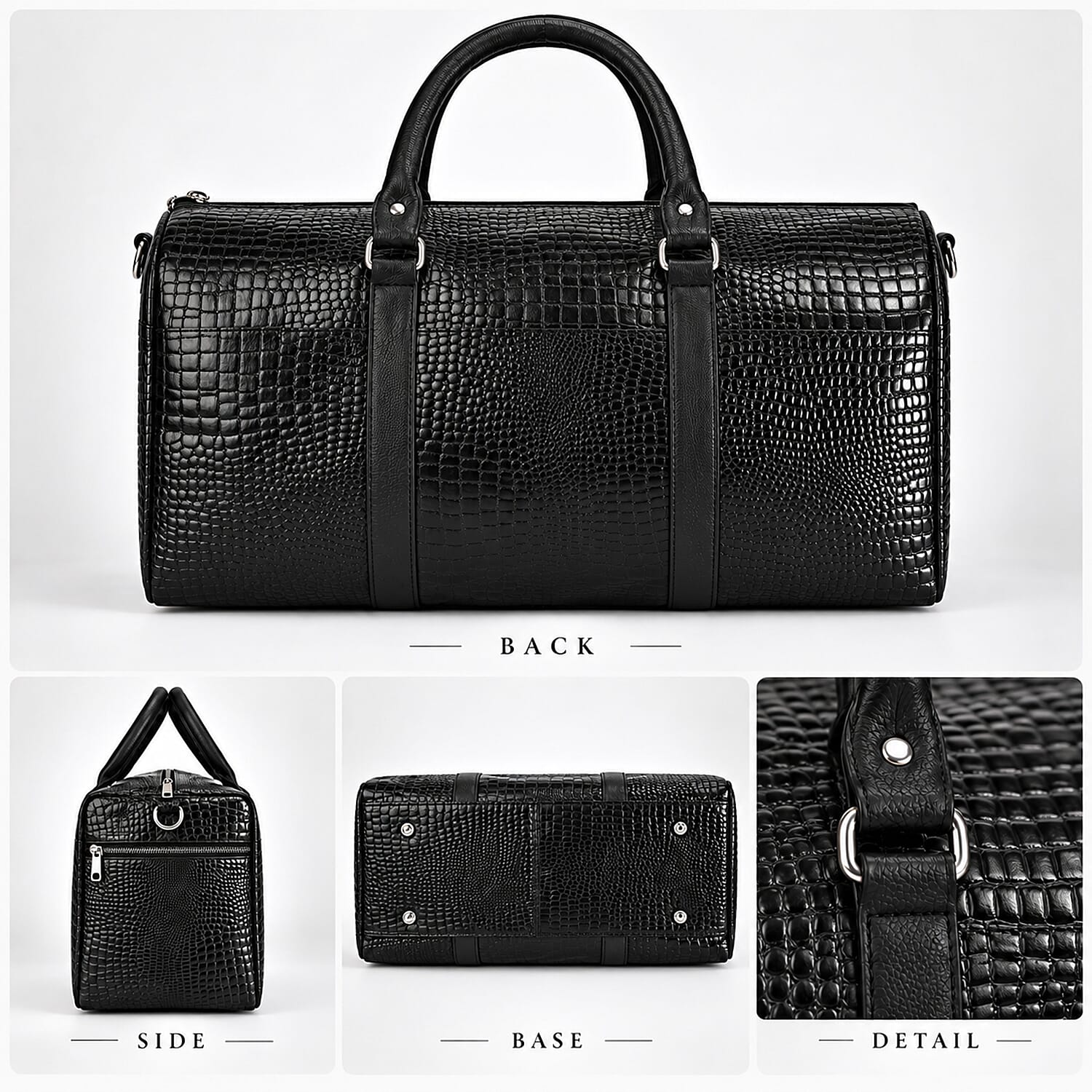 La Marey Black Croco Embossed Genuine Leather 5pcs Set Duffle Bag, Shopper Bag, Crossbody, Clutch and Card Holder