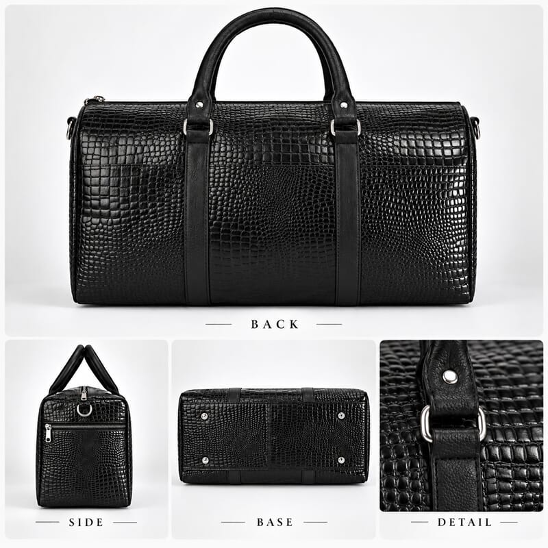 La Marey Black Croco Embossed Genuine Leather 5pcs Set Duffle Bag, Shopper Bag, Crossbody, Clutch and Card Holder